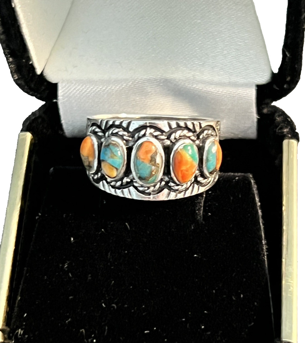 Santa Fe Style Turquoise Spiny Oyster Sterling Silver Band Ring 6G Boho SZ 7.5